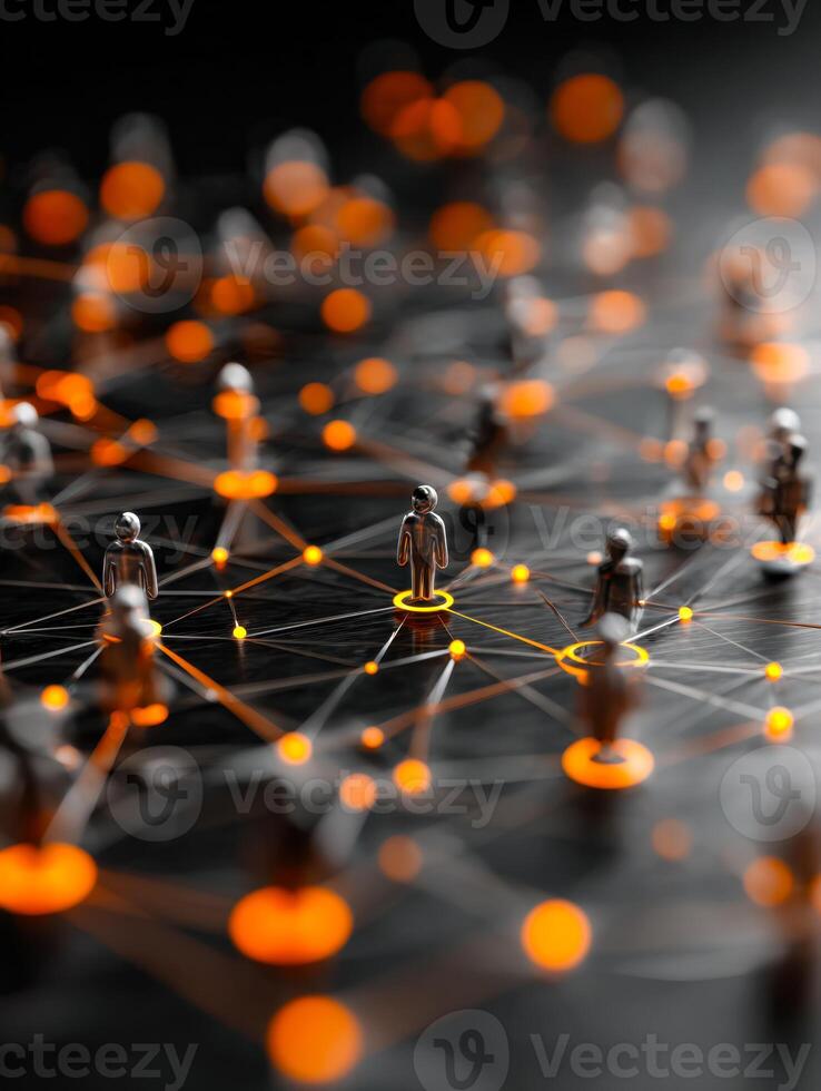 Digital network connectivity with interconnected figures and glowing nodes photo