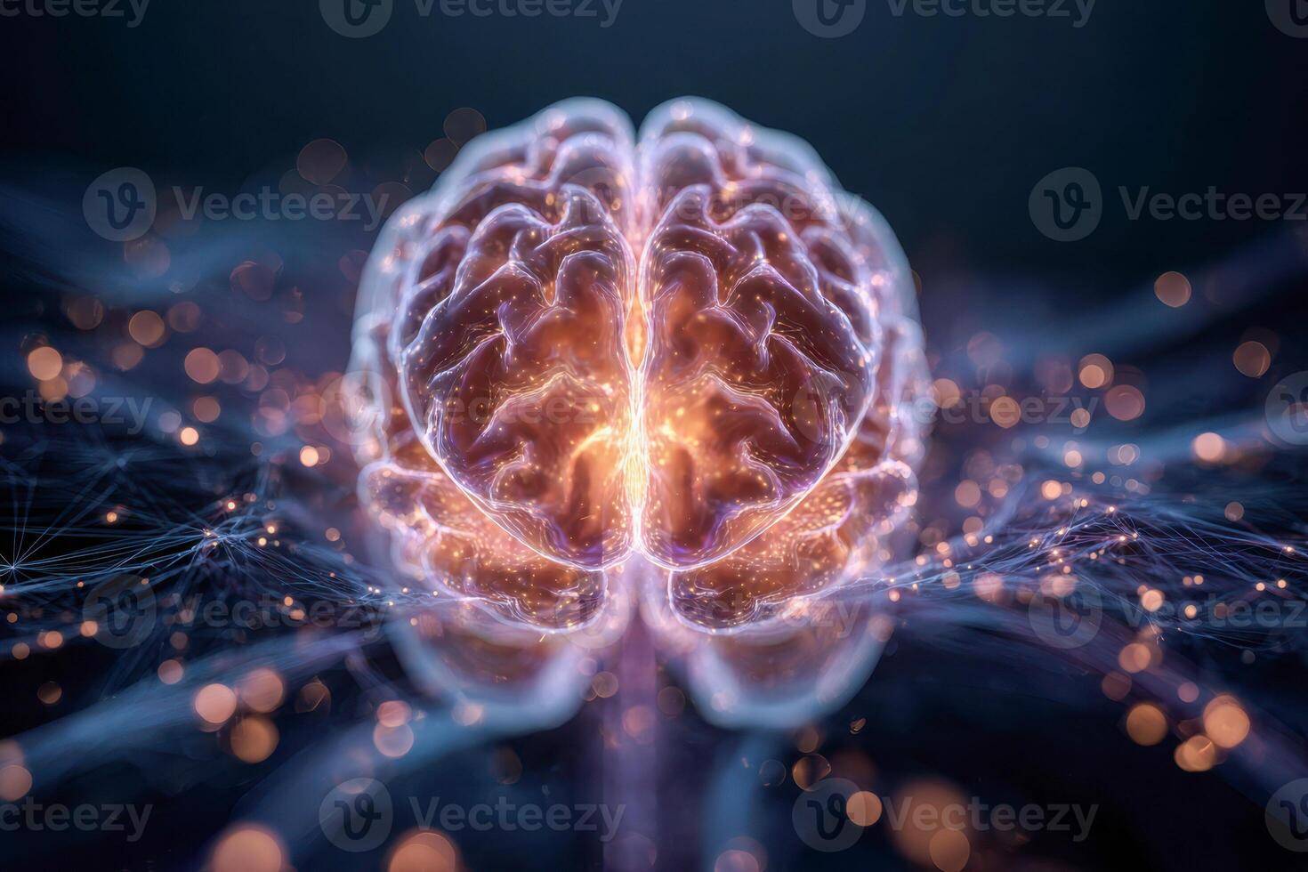 Digital representation of a human brain with interconnected neural networks and glowing data points photo