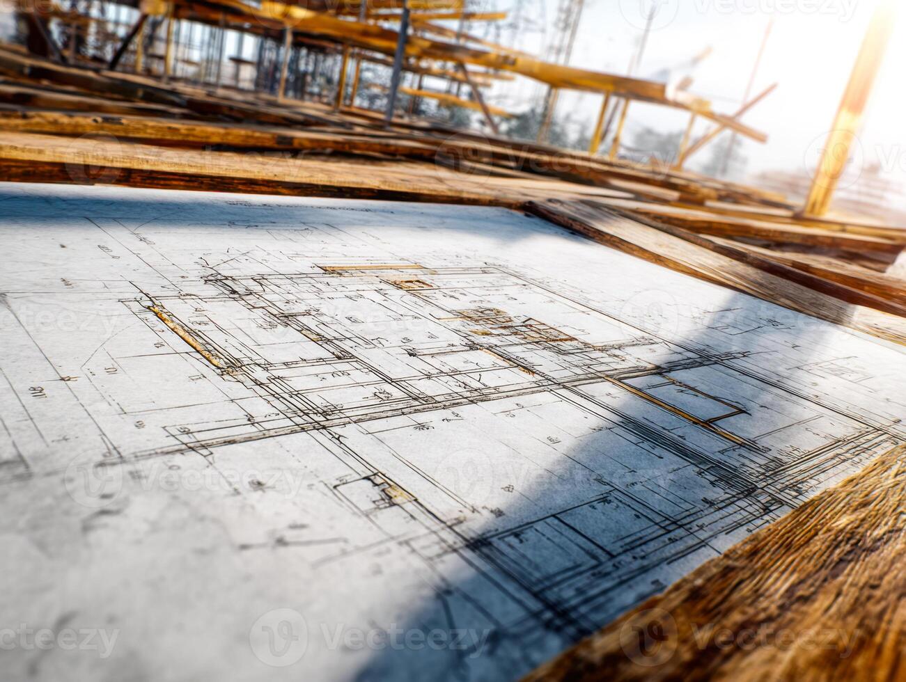 Architectural blueprint on a construction site with sunlight and building framework in the background photo