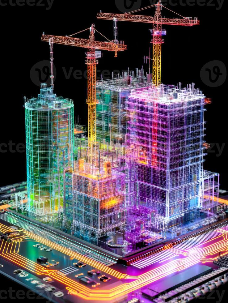 Vibrant digital rendering of a futuristic high-rise construction site with illuminated cranes and building frameworks on a tech-inspired circuit board background photo