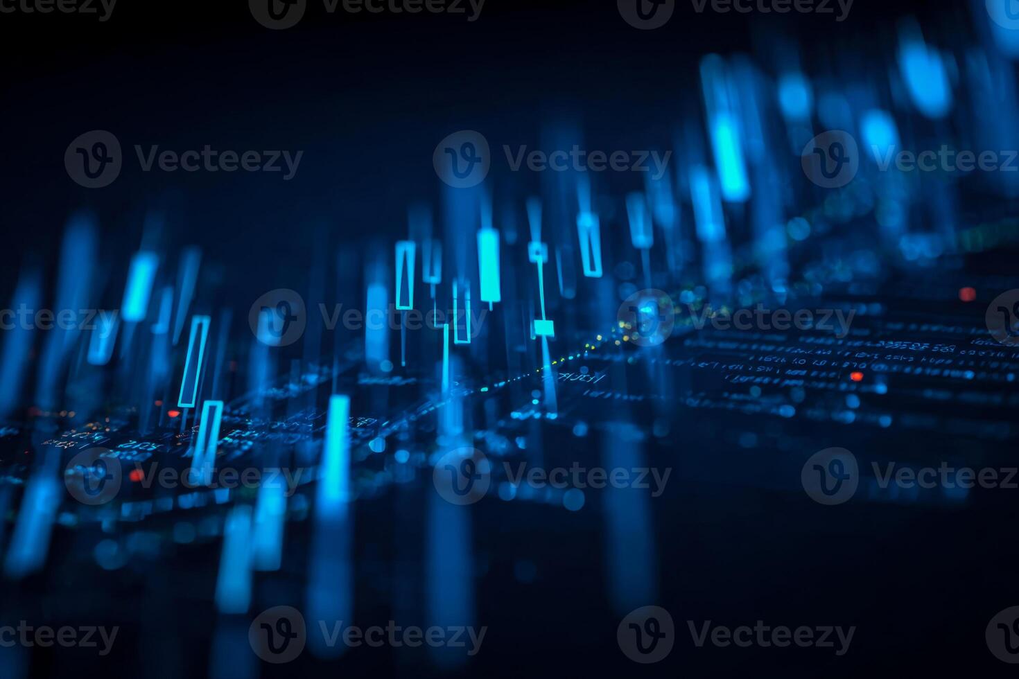 Digital data visualization with glowing blue candlestick chart and code background photo