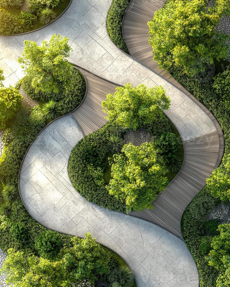 Overhead view of a winding concrete pathway surrounded by lush green trees and shrubs in a garden setting photo