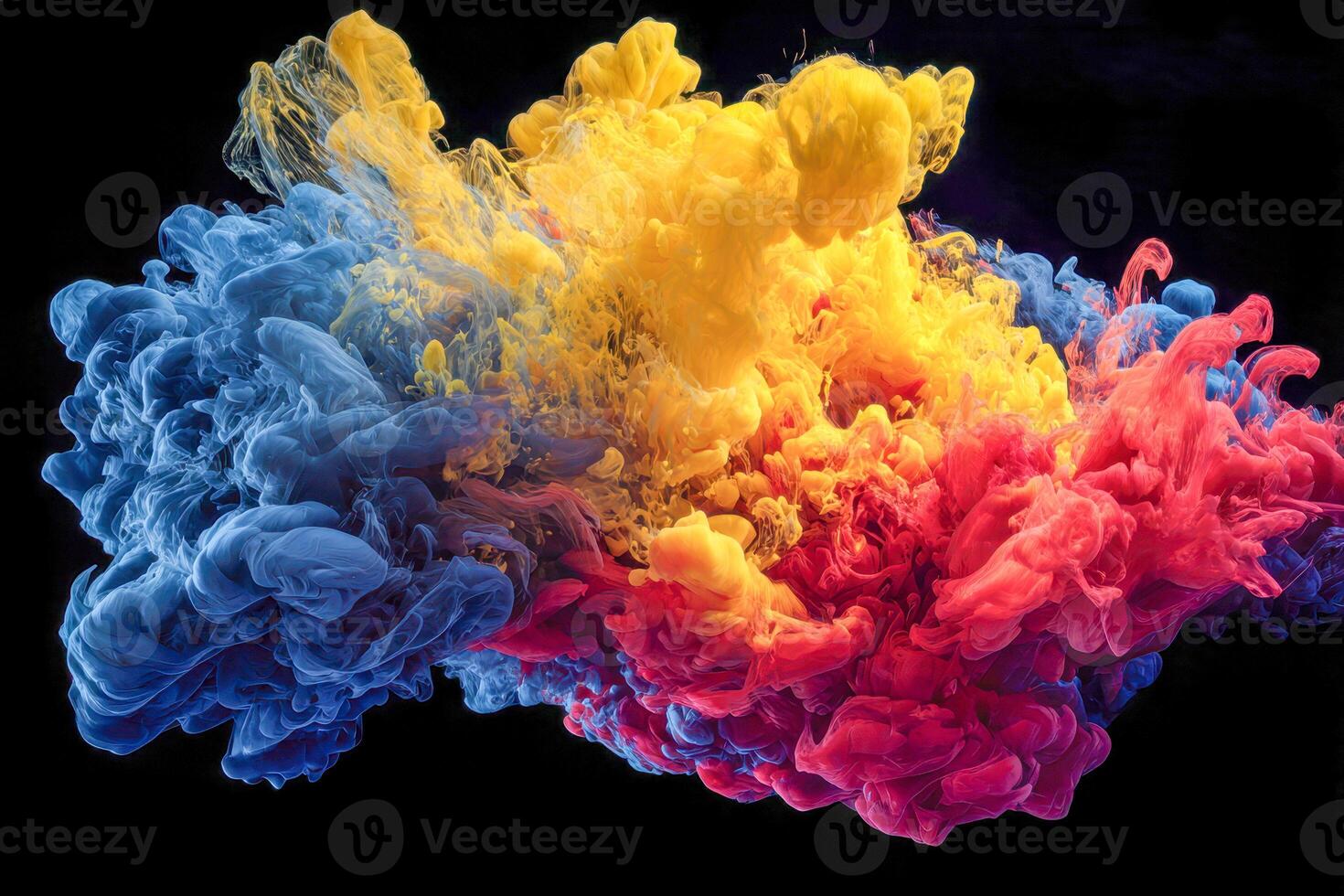 Vibrant colorful ink clouds swirling together creating dynamic yellow, red, and blue shapes against a black background for artistic design and creativity concepts photo