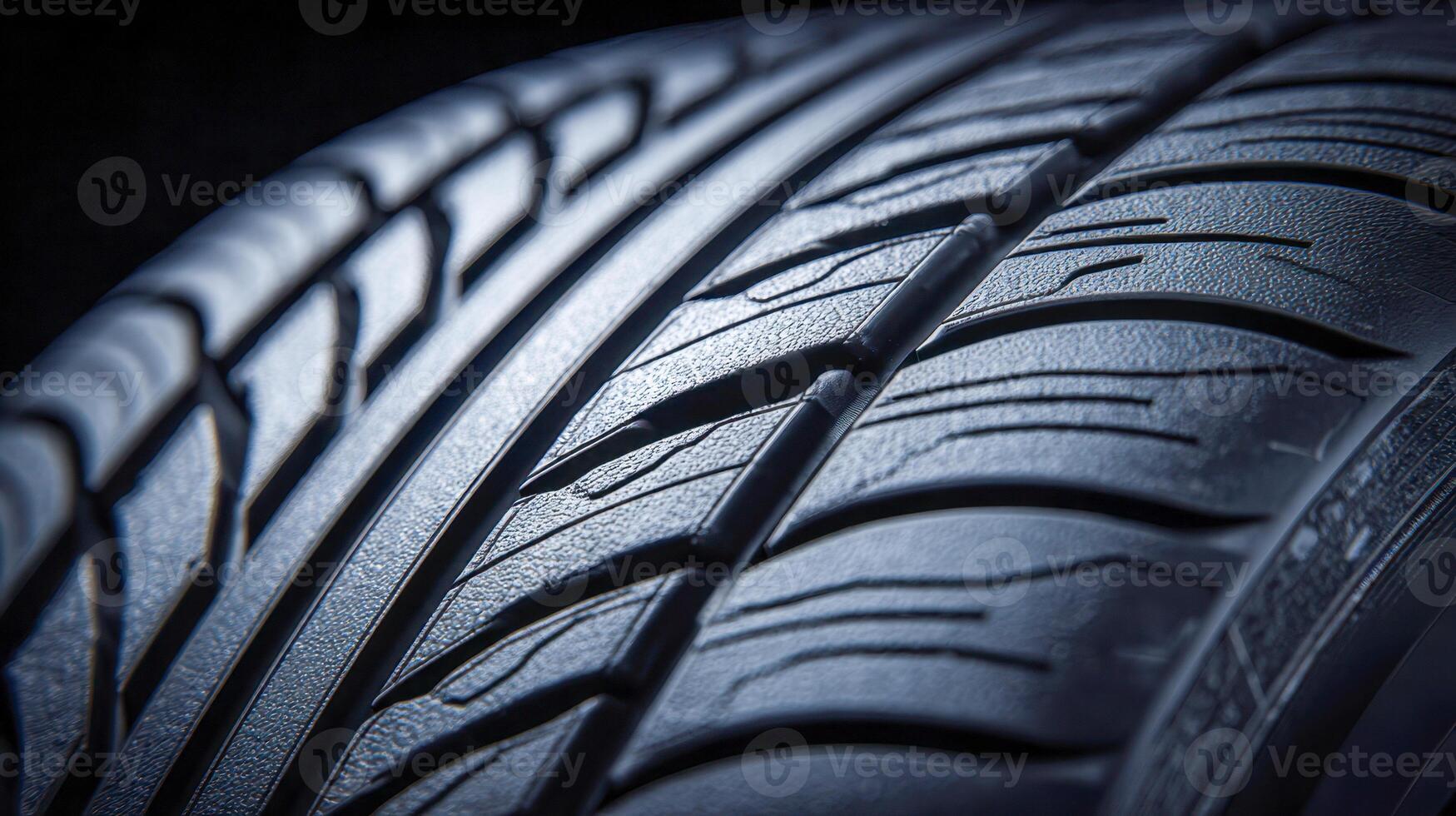 Detailed texture of new vehicle tire tread pattern showing sharp grooves and ridges for enhanced road grip and performance in low light conditions photo