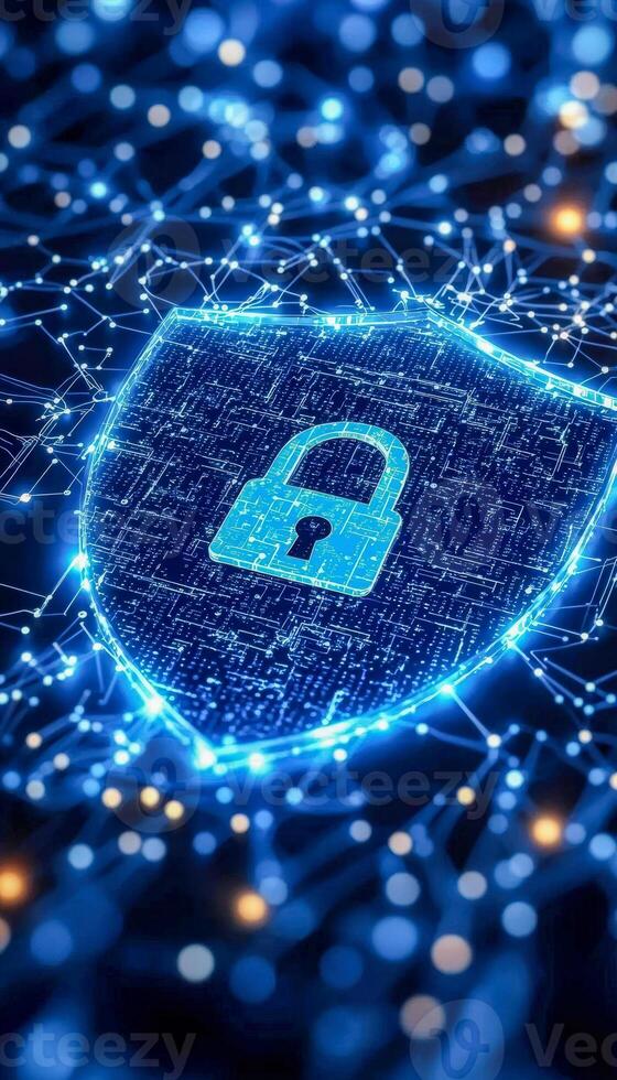 Digital security concept featuring a glowing padlock on a futuristic digital shield with network connections photo