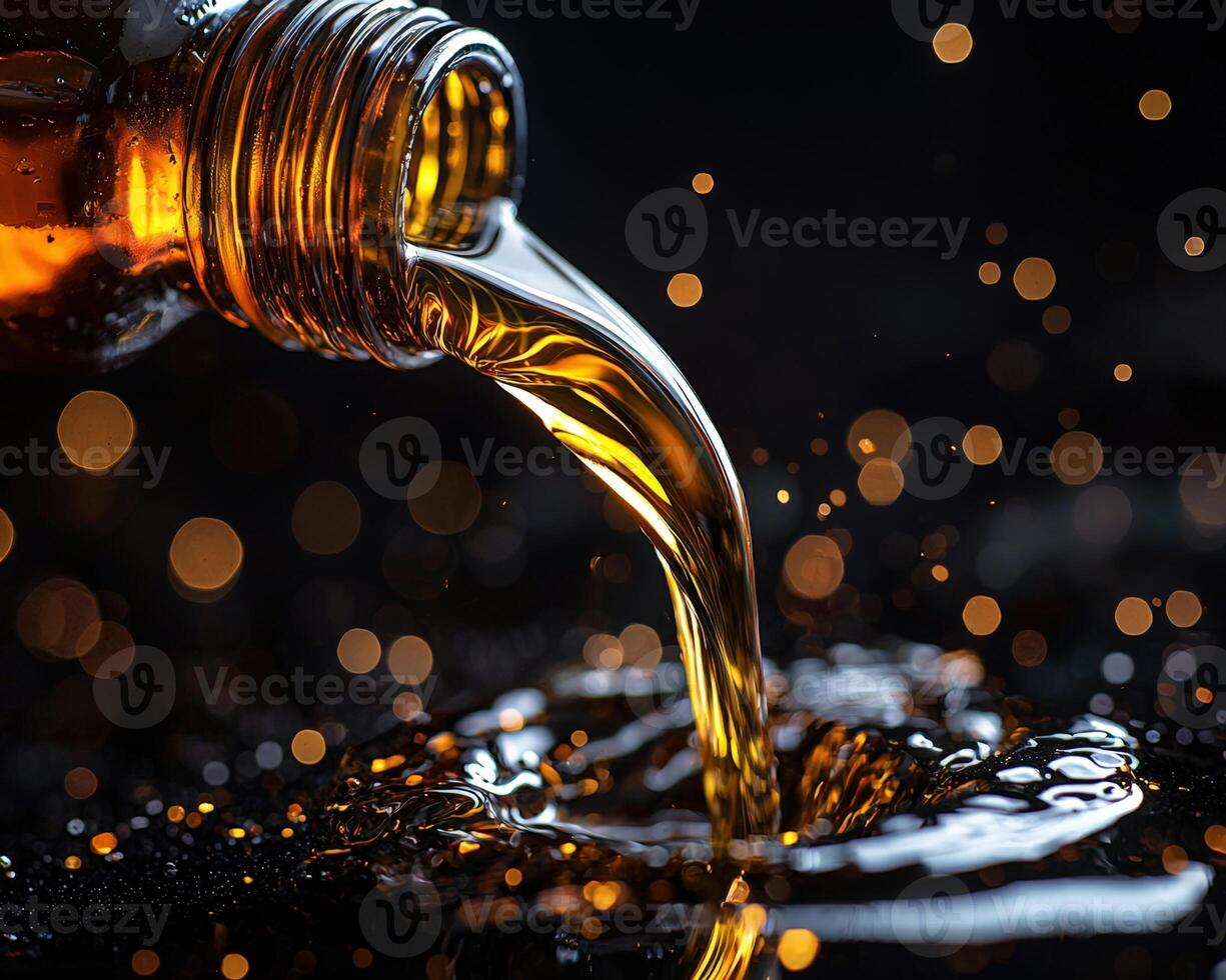 Close-up of amber liquid pouring from a glass bottle into a dark surface, with glowing bokeh lights and splash effects photo