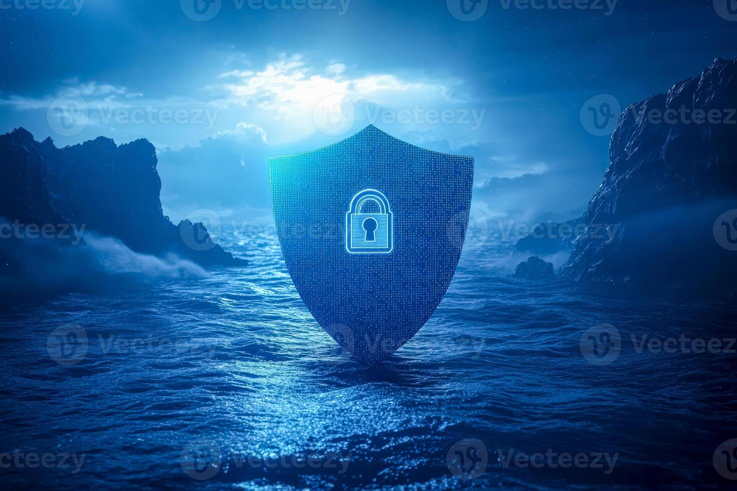 Digital shield with lock symbol protecting data in a digital ocean scene photo