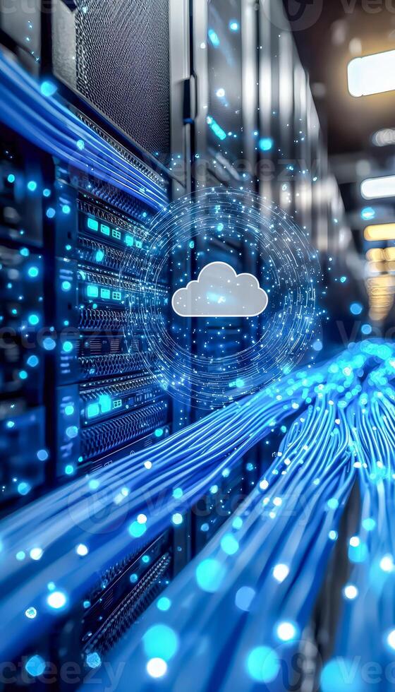 Cloud computing in data center with digital data transfer visualization photo