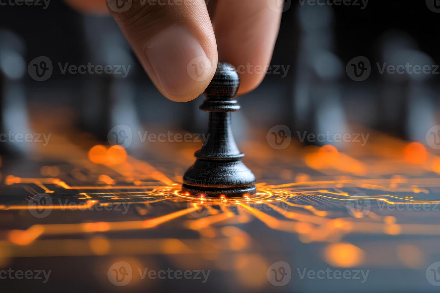 Digital strategy concept with a chess king and technological circuit background photo