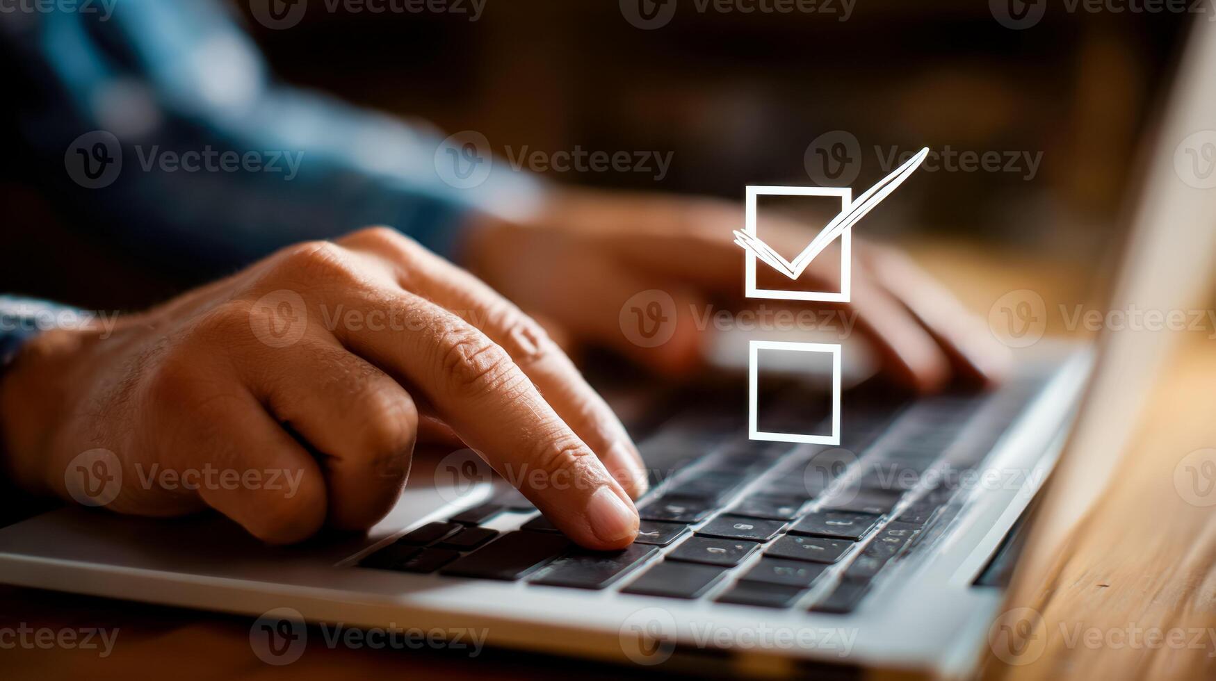 Person checking or selecting options on a laptop computer with digital checkboxes and checkmark photo