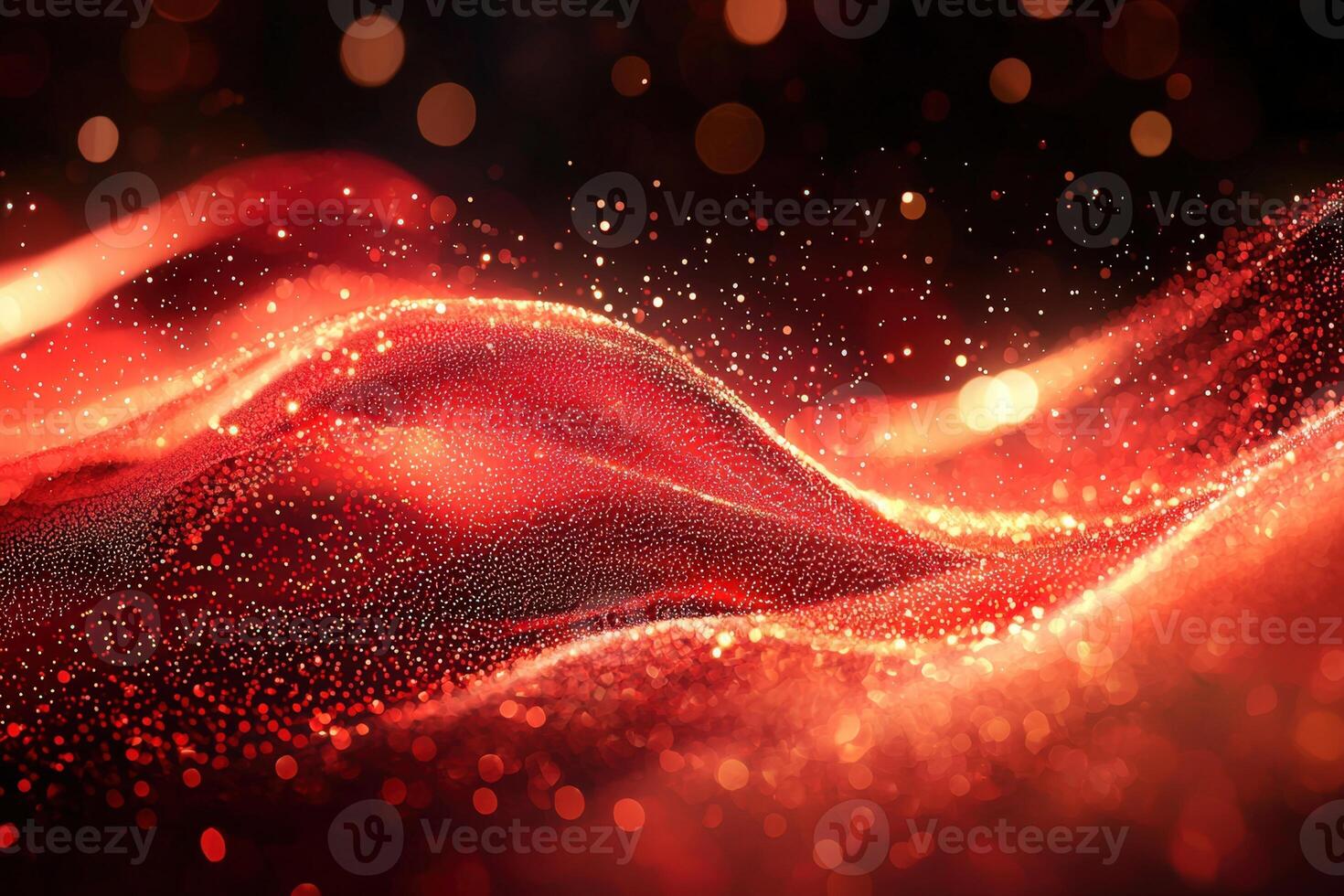 Glowing red abstract wave with sparkling particles and bokeh effect photo