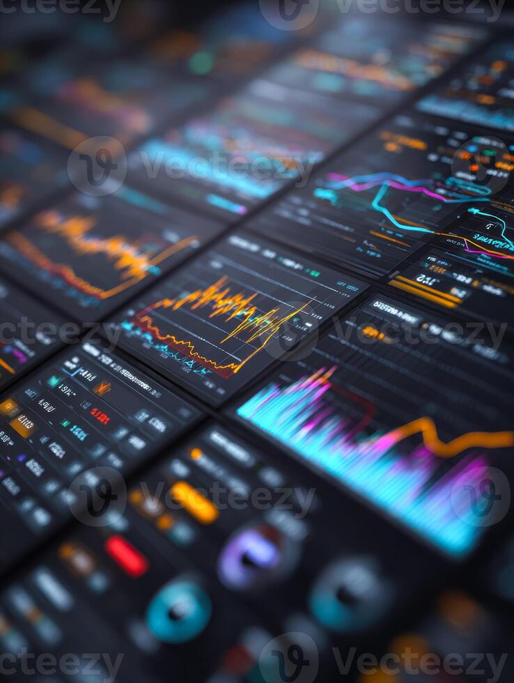 Digital financial charts displaying stock market analytics on multiple screens photo