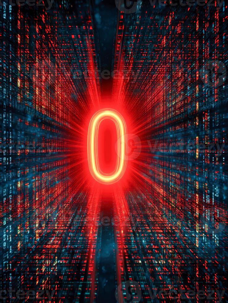 Glowing red digit zero illuminated in a futuristic digital tunnel of floating data streams and vibrant code representing technology and cyberspace concepts photo