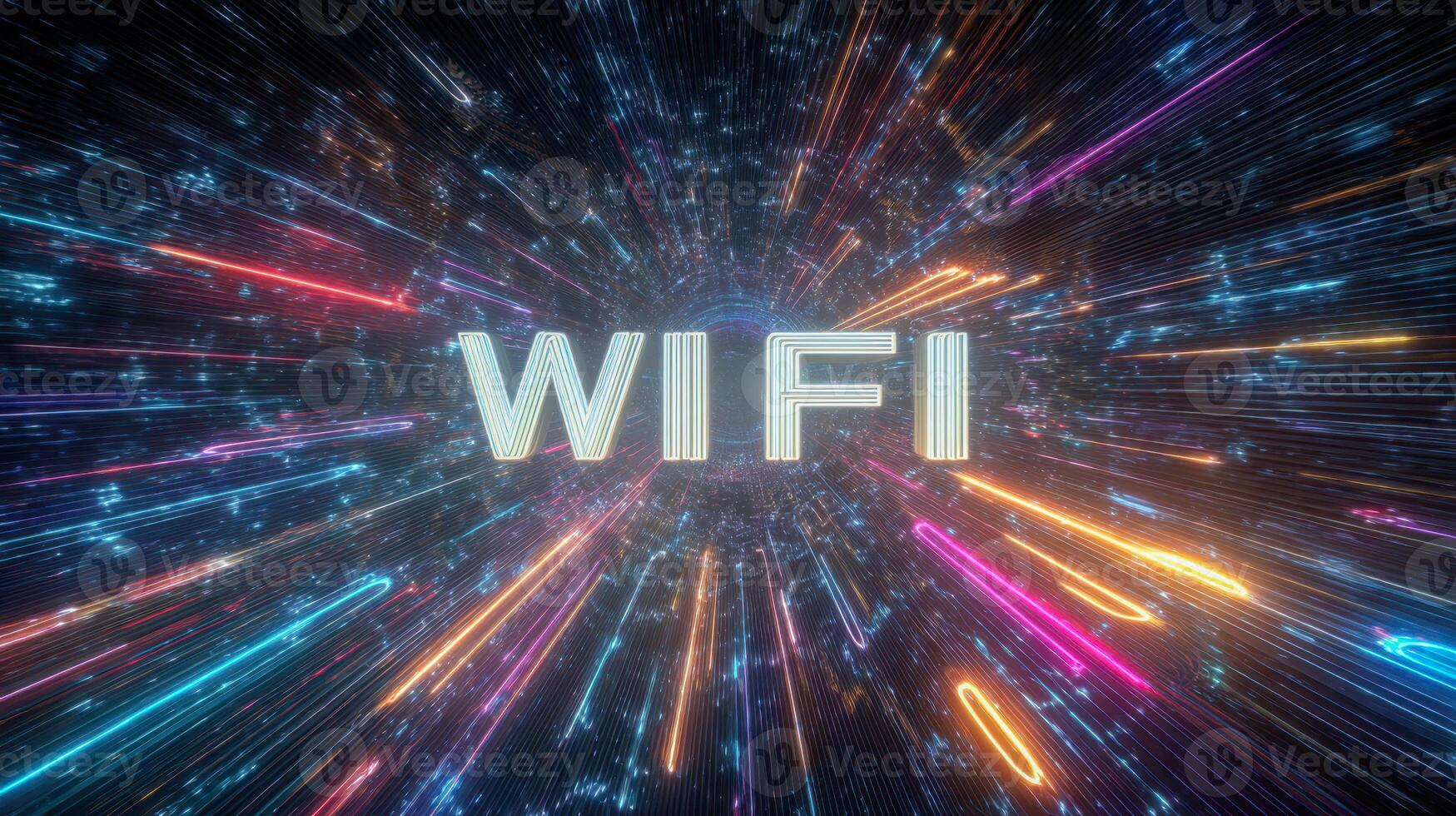 Illuminated text with dynamic multicolored light streaks radiating in space-like background symbolizing fast wireless internet connectivity and digital communication speed photo