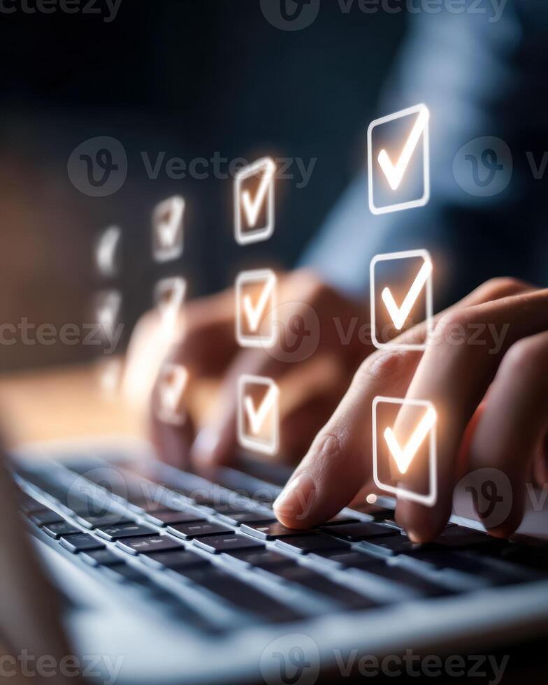 Businesswoman checking off multiple tasks on a digital checklist with a keyboard, representing productivity and task management photo