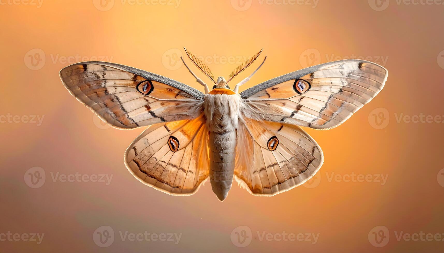 Stunning moth with intricate wing patterns glows against a warm, soft, ethereal gradient background. photo
