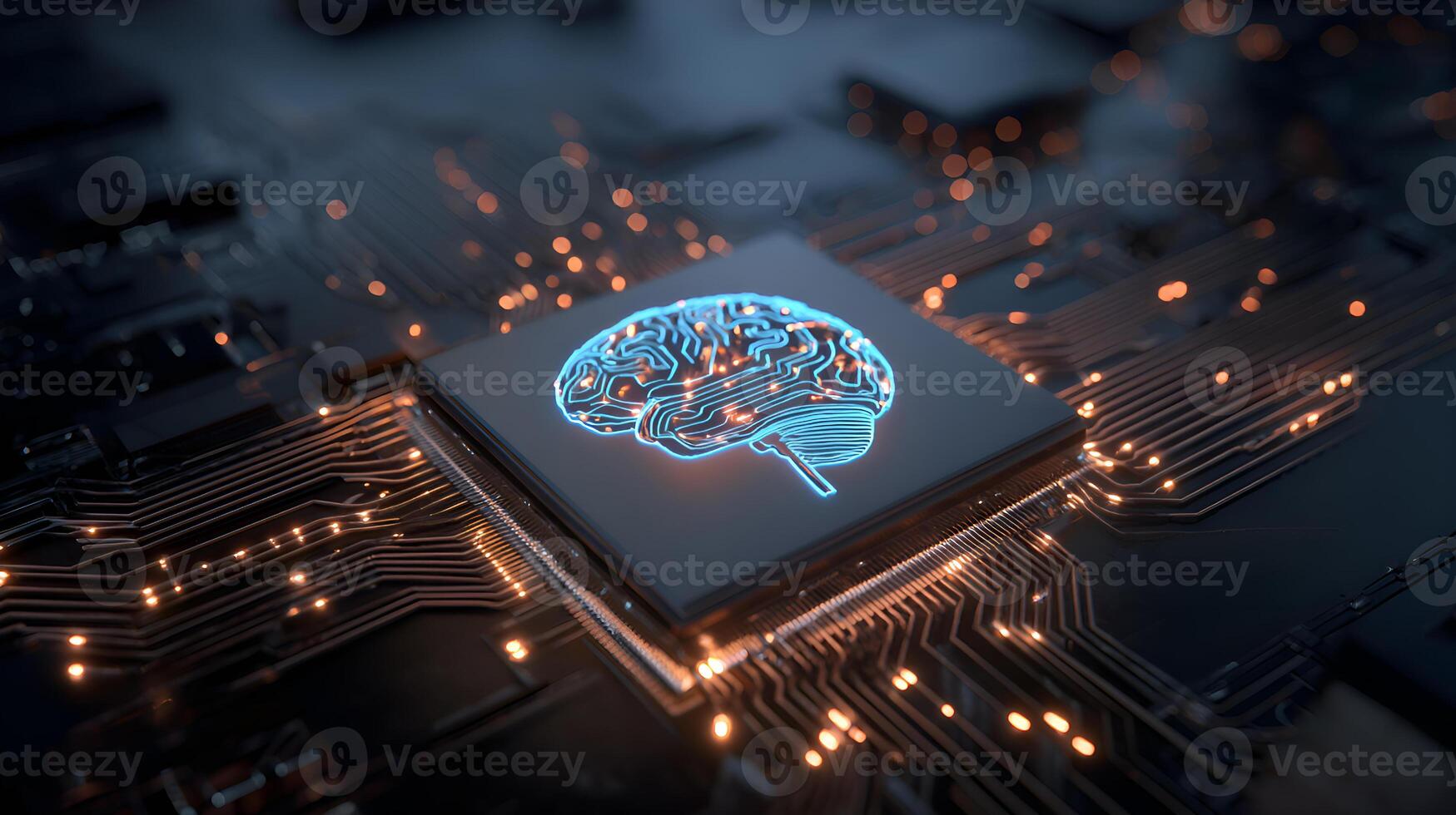 Artificial intelligence cpu processing data with brain shape showing machine learning photo