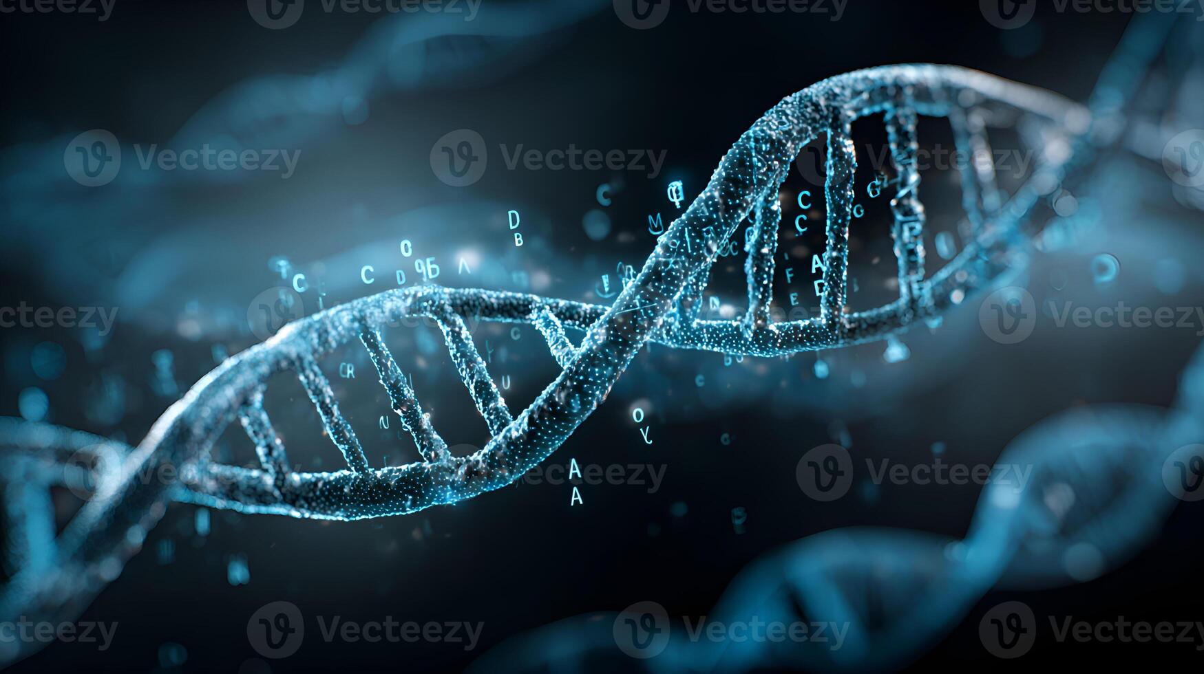 Dna structure rotating with floating letters and numbers representing genetic code photo