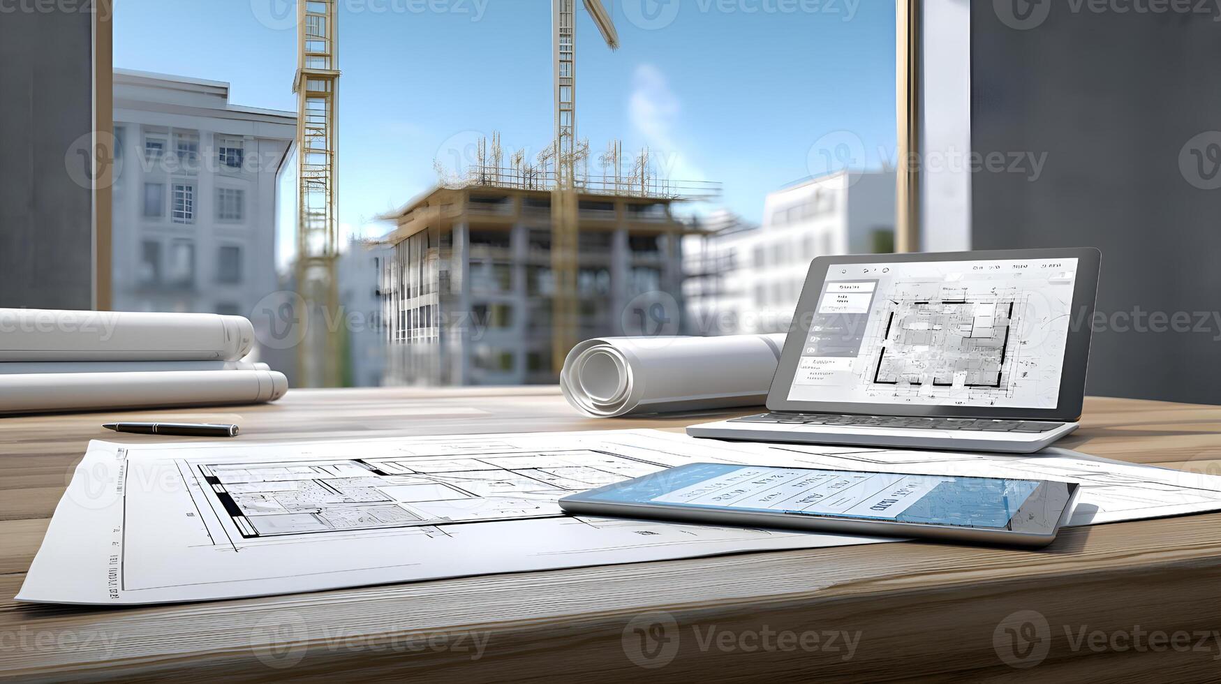 Architect designing using laptop, tablet and blueprint with construction site in background photo