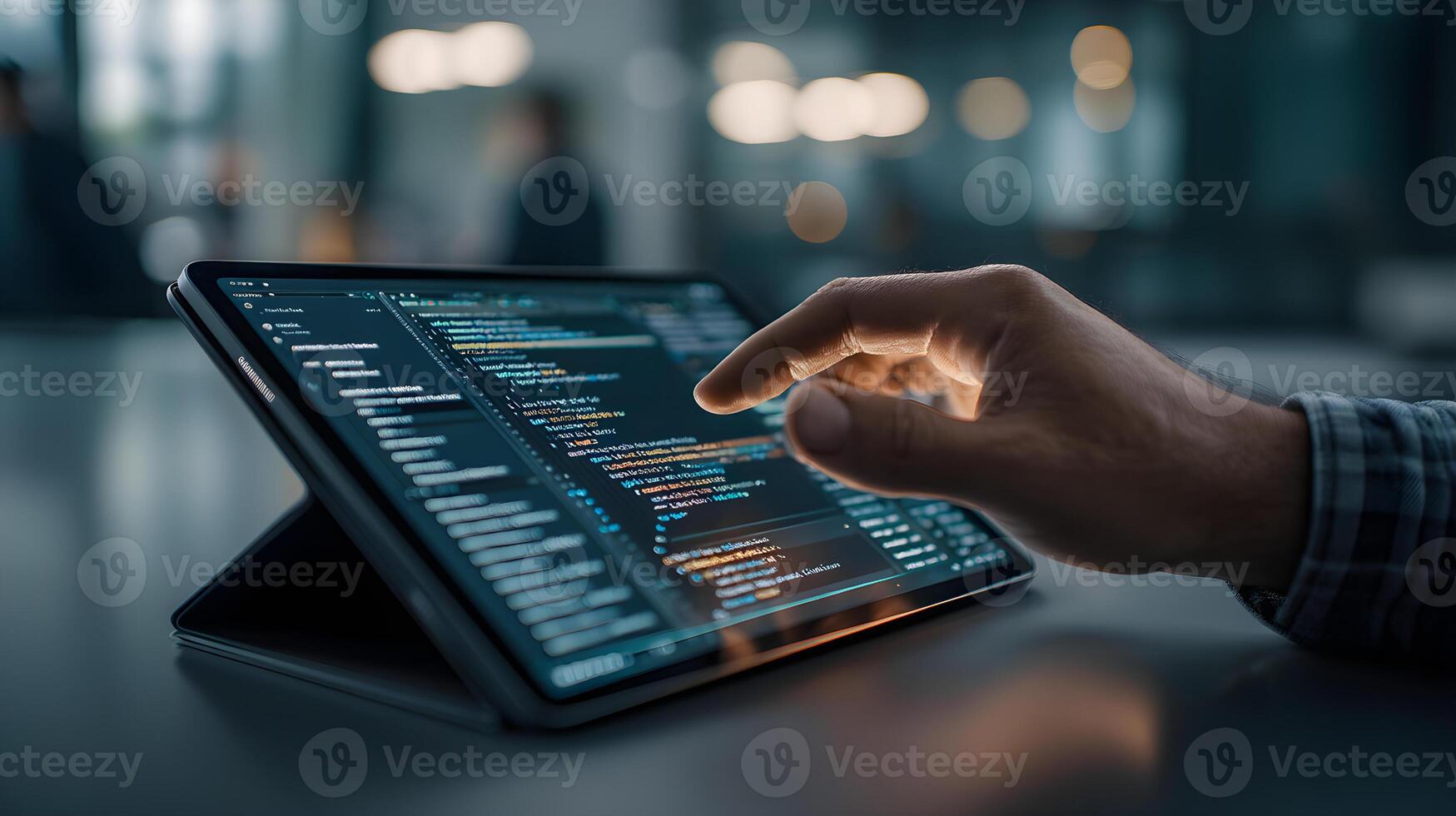 Software developer working on tablet computer showing programming code photo
