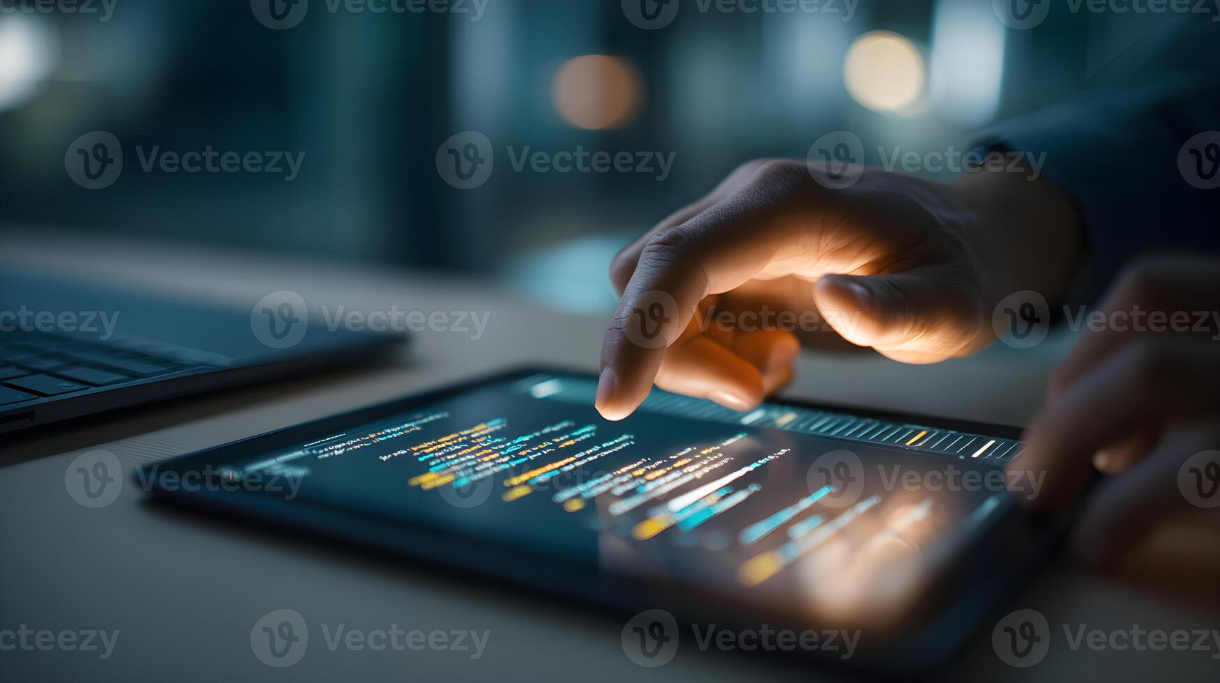 Software developer working on tablet computer with code displayed on screen photo