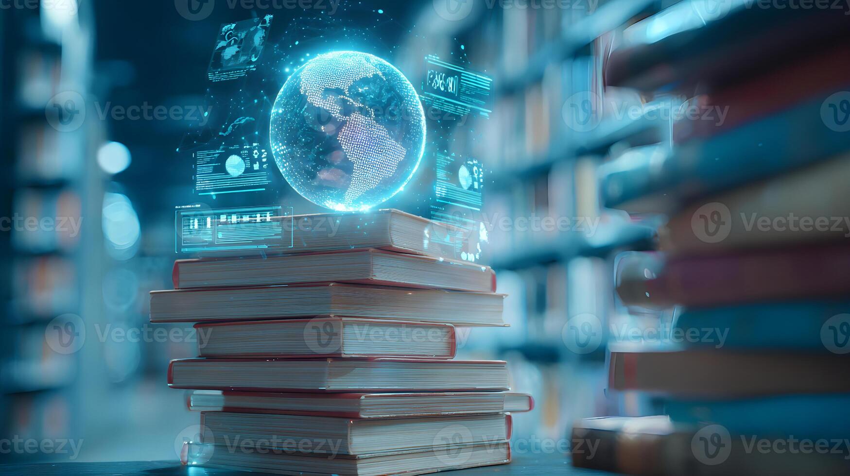 Stack of books with hologram of planet earth and data in library setting photo