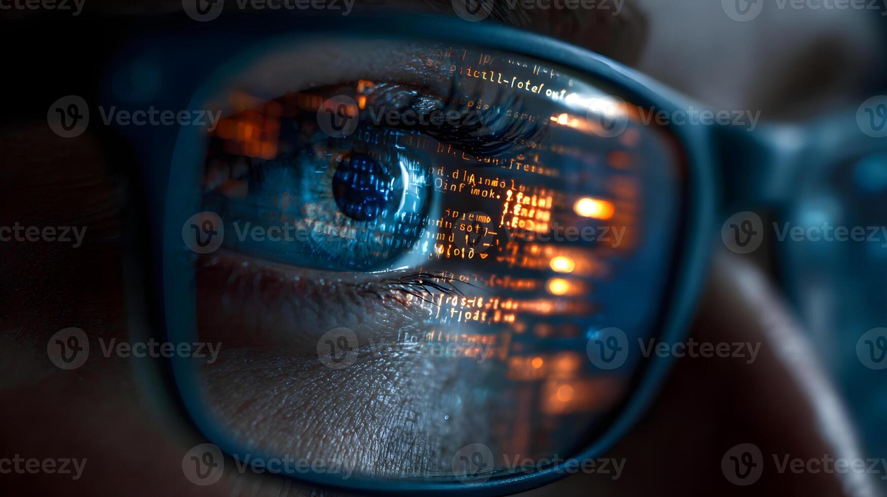 Programmer reading code reflected in glasses, futuristic technology concept photo
