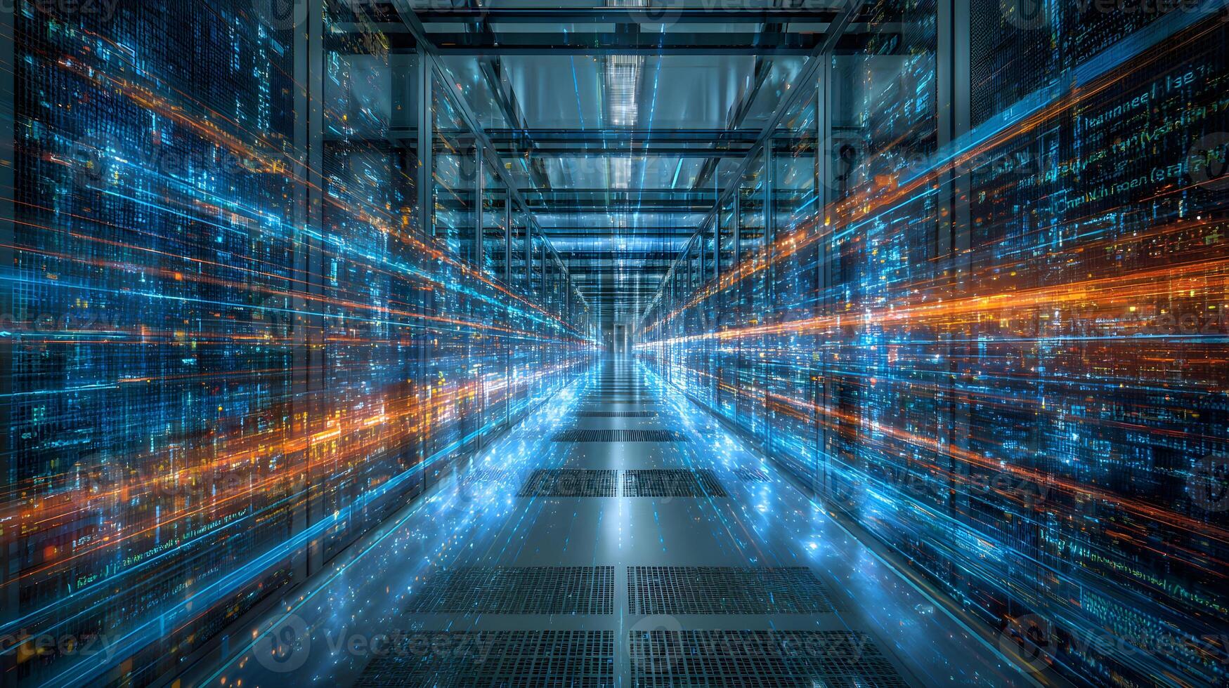 Data center corridor showing futuristic data flow and processing power photo