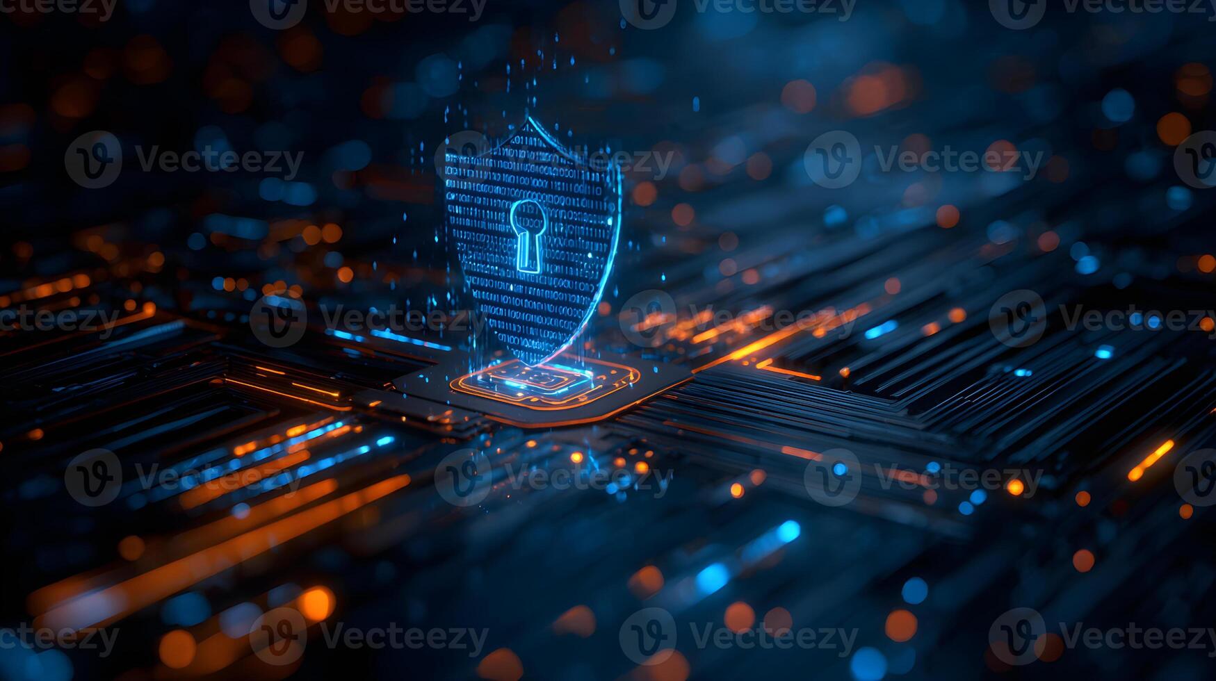 Digital shield protecting microchip on circuit board with binary code photo