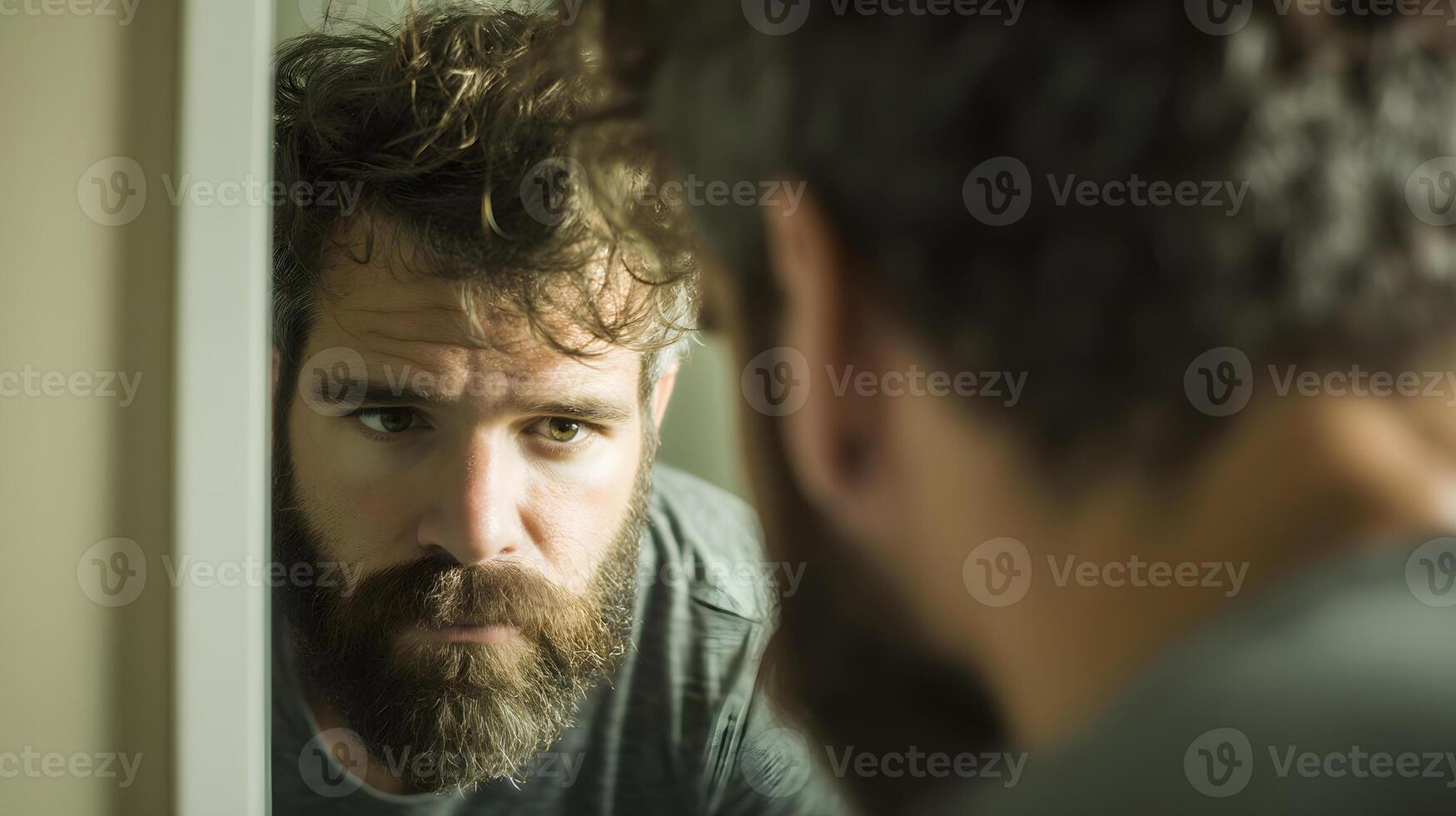Man with beard gazing into mirror, reflecting on personal thoughts and emotions in intimate setting photo
