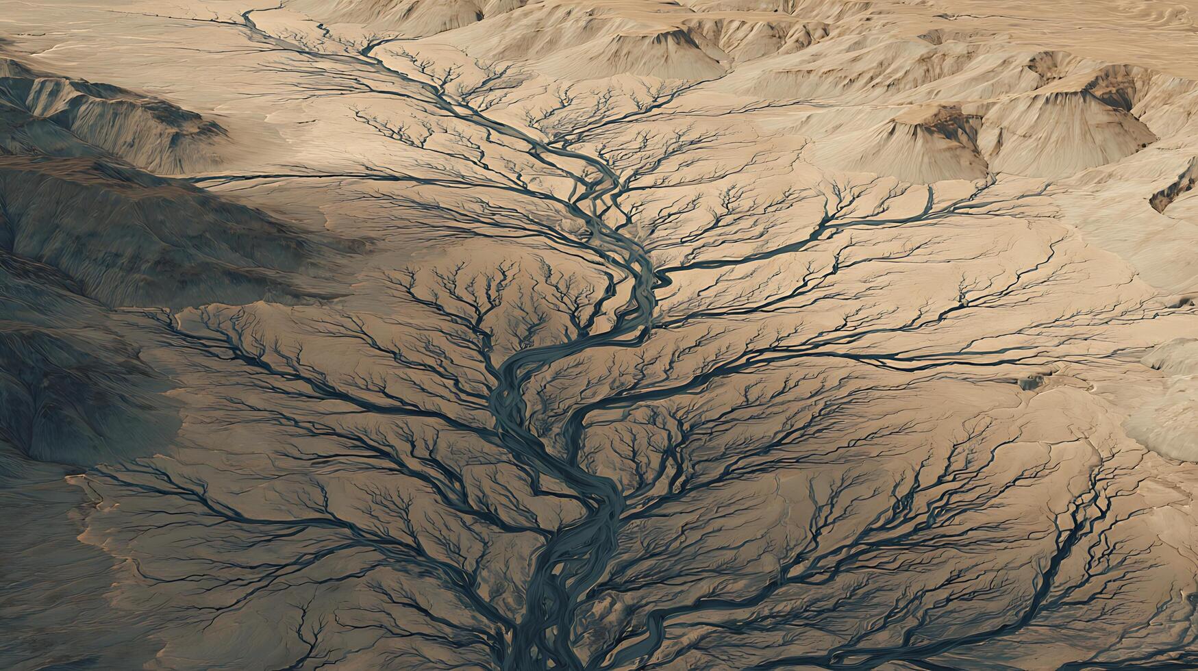 Abstract Aerial View of Desert Riverbed Forming Branching Patterns Like a Tree photo