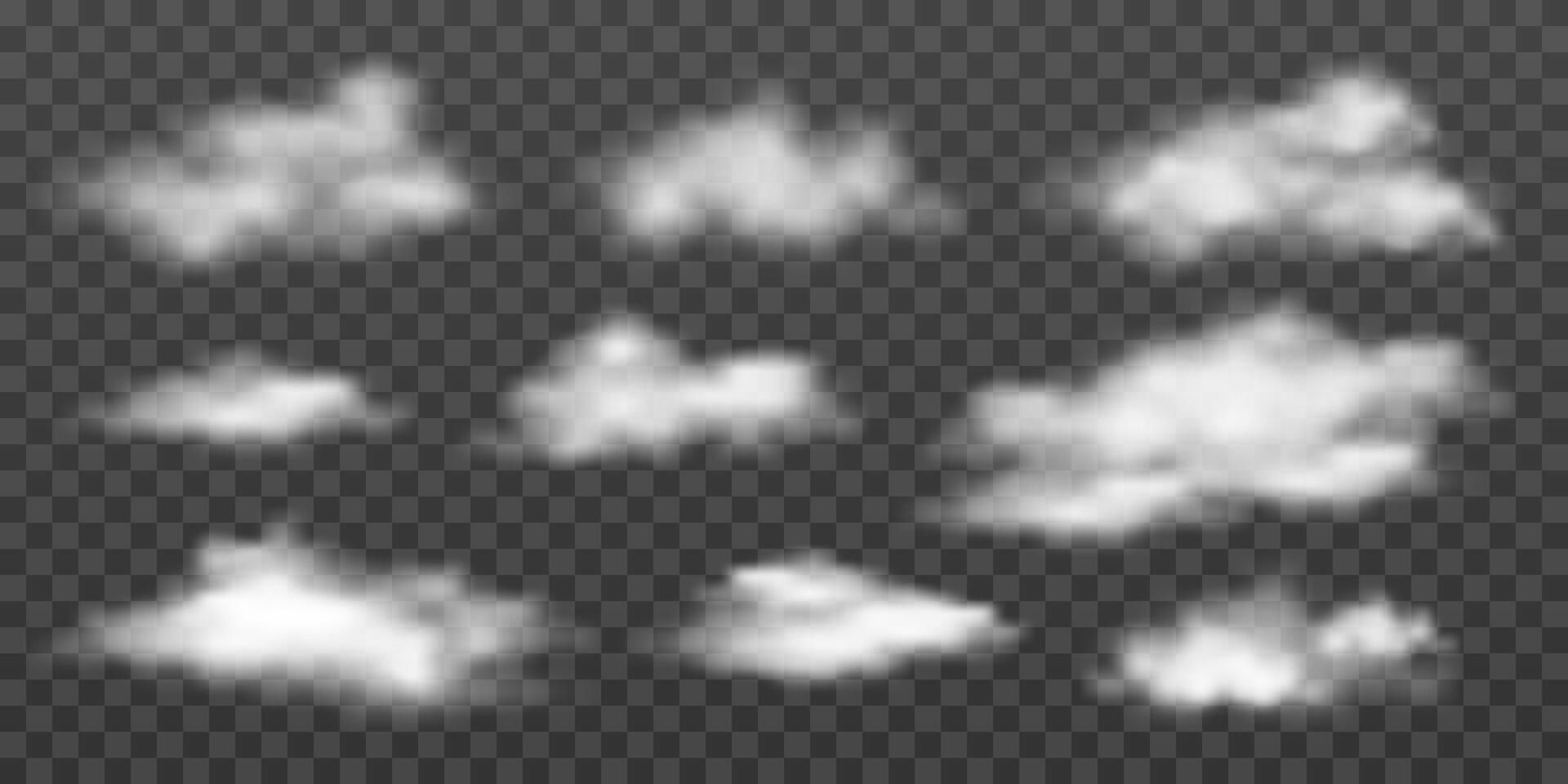 conjunto de realista nubes en varios formularios aislado elementos con cubrir efecto. blanco cúmulo nubes, fumar o niebla. nublado textura, fuego fumar ola o de fumar explosión. vector