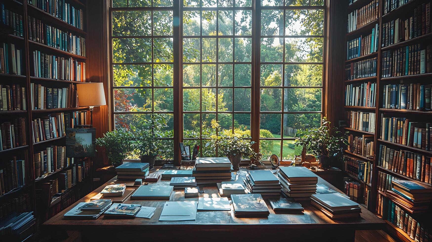 a table with books on it in front of a window photo