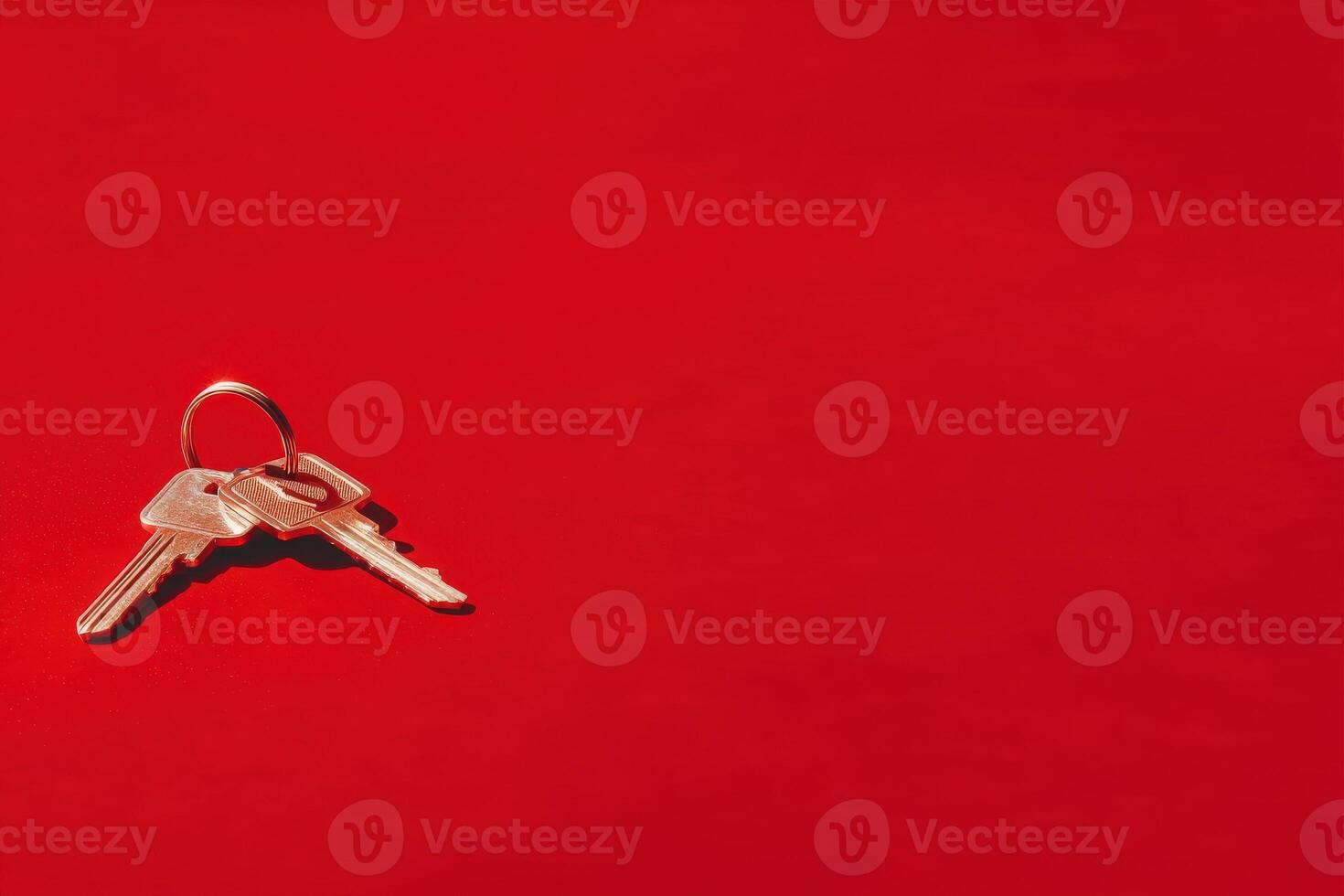 A set of metallic keys is positioned on a bold red background, showcasing their simple design and shiny surface. The contrasting colors create a striking visual impact. photo