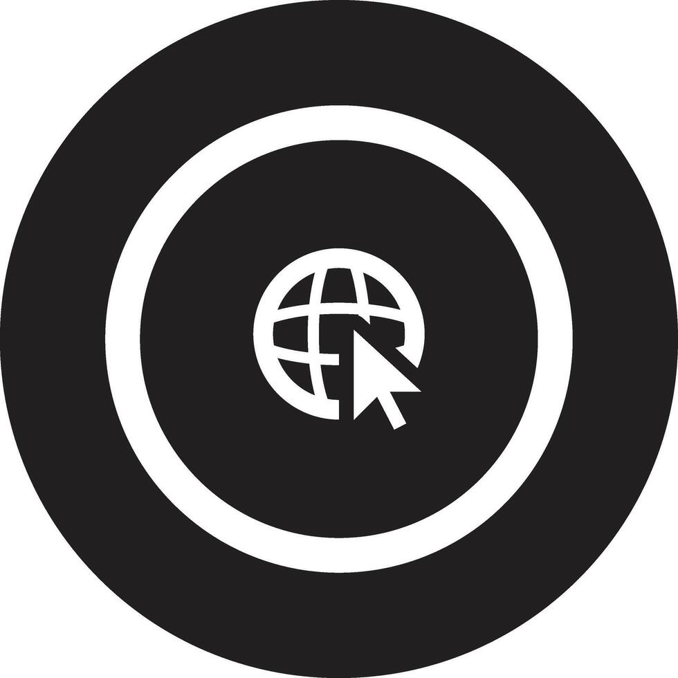 A black and white icon of a globe with a mouse cursor vector