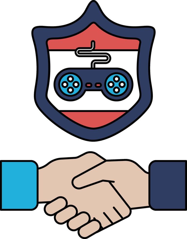 A handshake between two people with a game controller in the middle vector