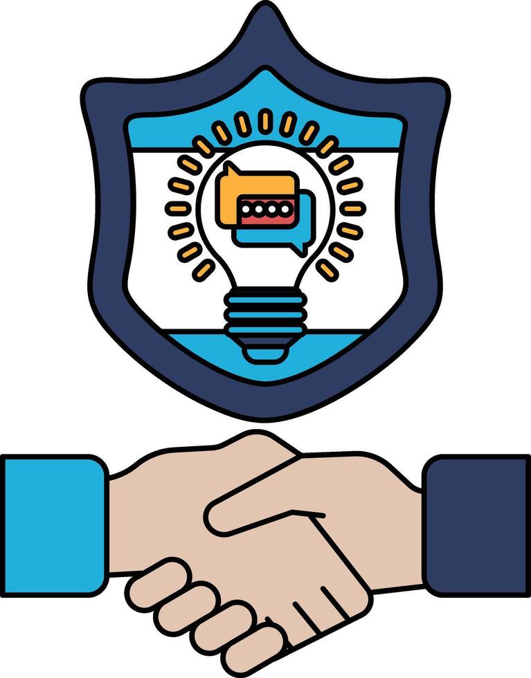 A black and white image of two hands shaking with a light bulb in the background vector