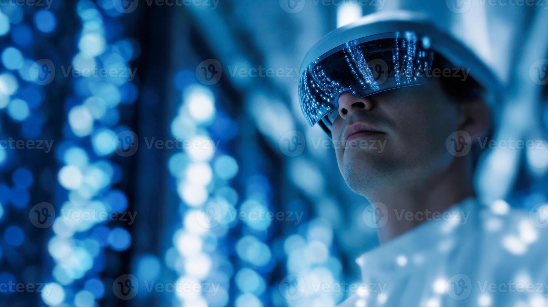 Futuristic lab engineer works on AI projects in a high-tech data environment photo