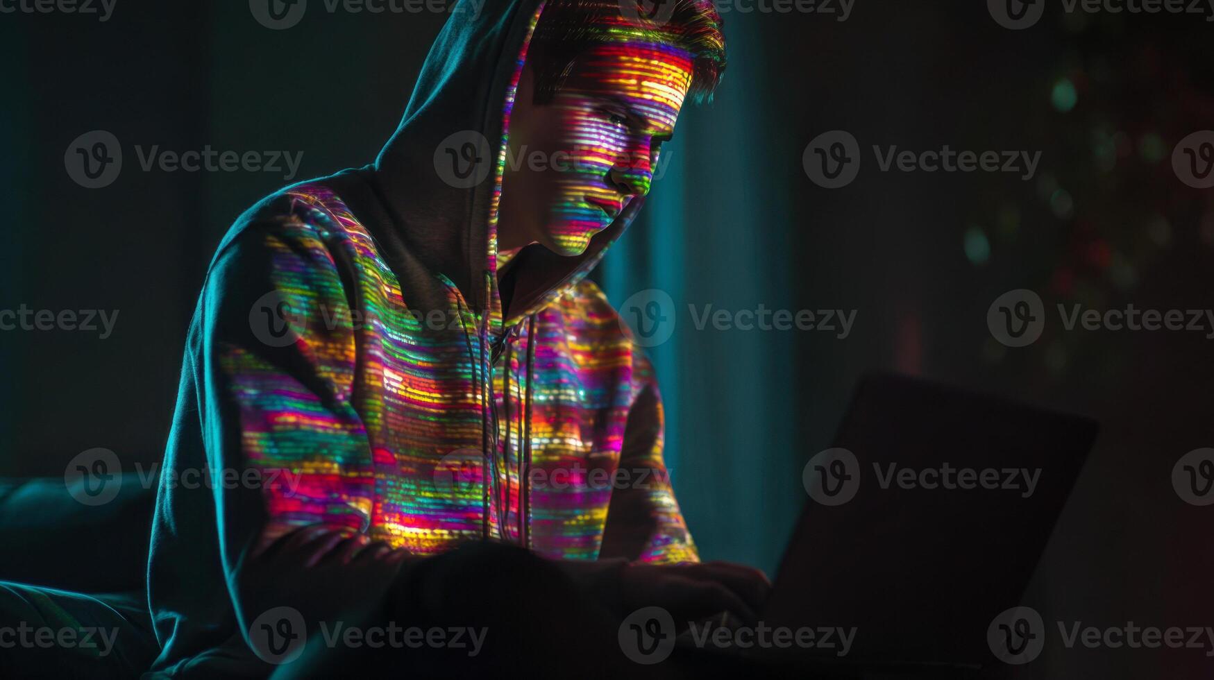 Cinematic hacker style programmer coding in a dimly lit environment with vibrant light reflections photo
