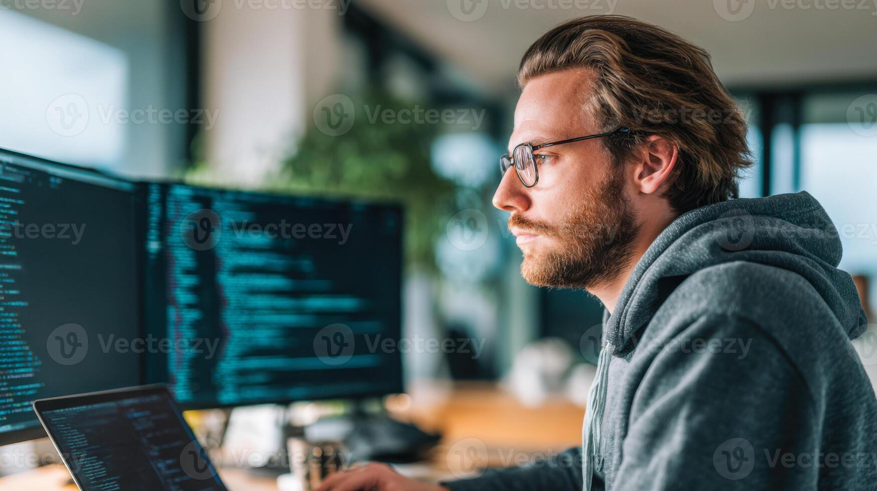 Focused developer working on software projects in a modern office setting photo