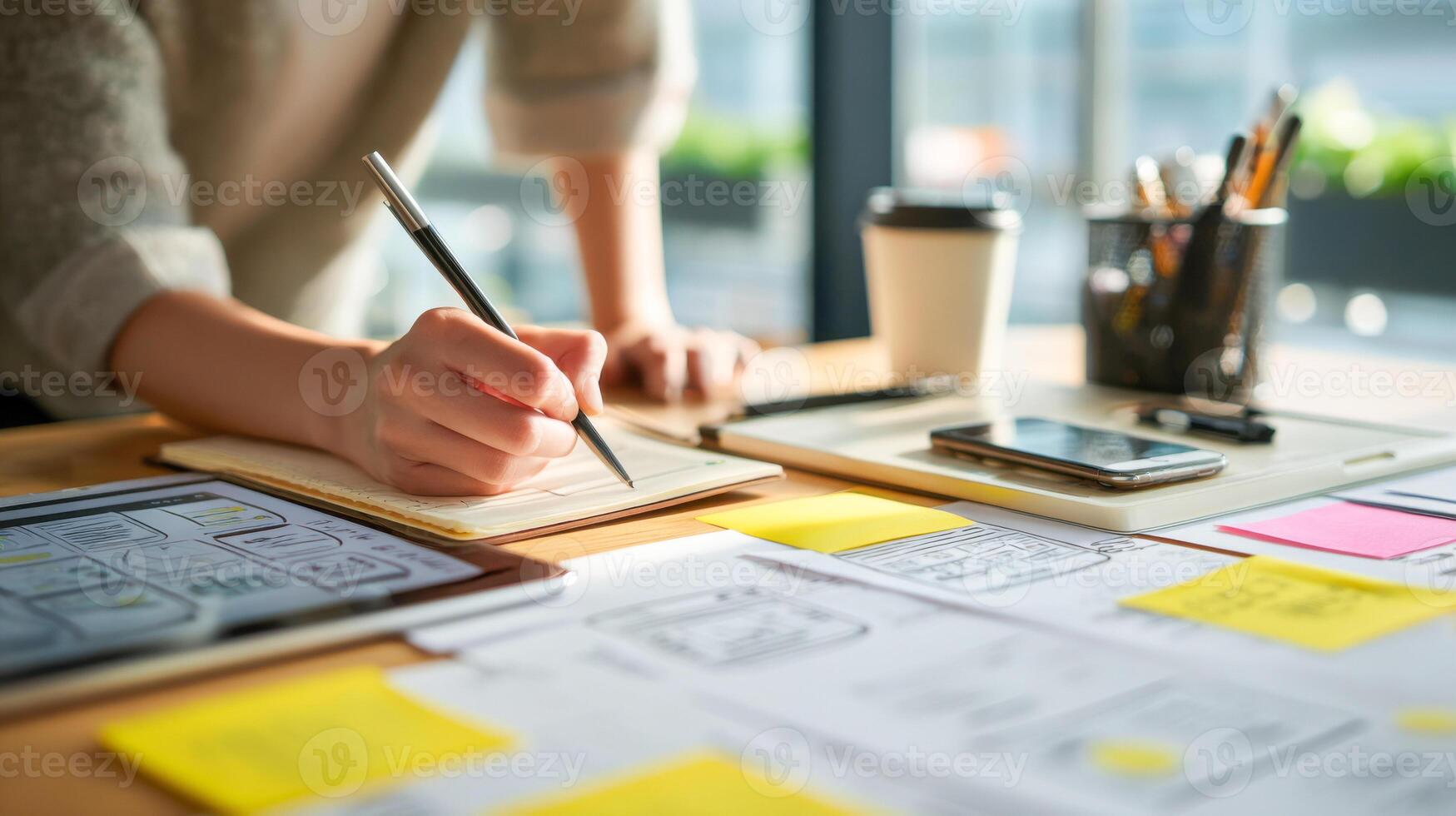Close-up view of a UX designer brainstorming ideas at a desk with sketches and tools photo