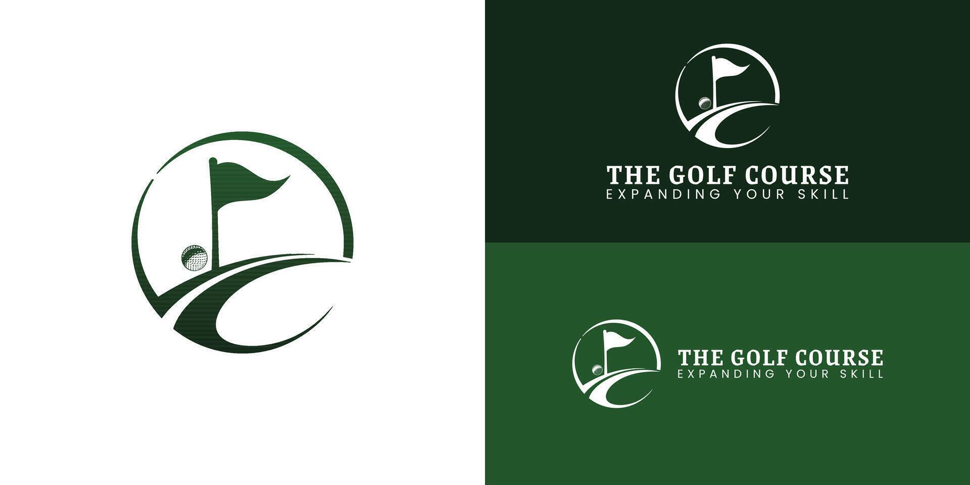 A green logo for a golf course, featuring a stylized golf flag and ball within a dynamic circular shape. The design employs clean, flowing lines to convey a sense of movement. vector