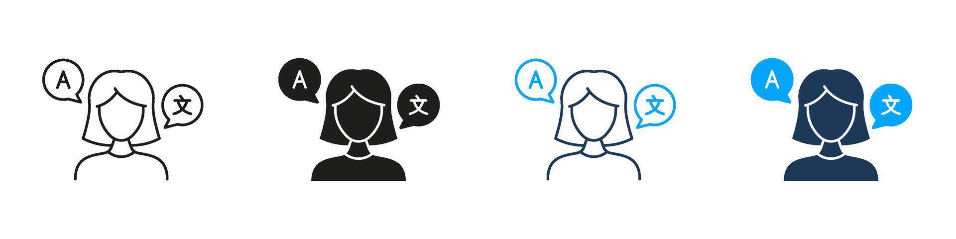 Female Translator With Speech Bubbles Line And Solid Icon Set. Woman Interpreter, Interpretation Symbol Collection. Language Skills And Translation Services. Isolated Illustration vector