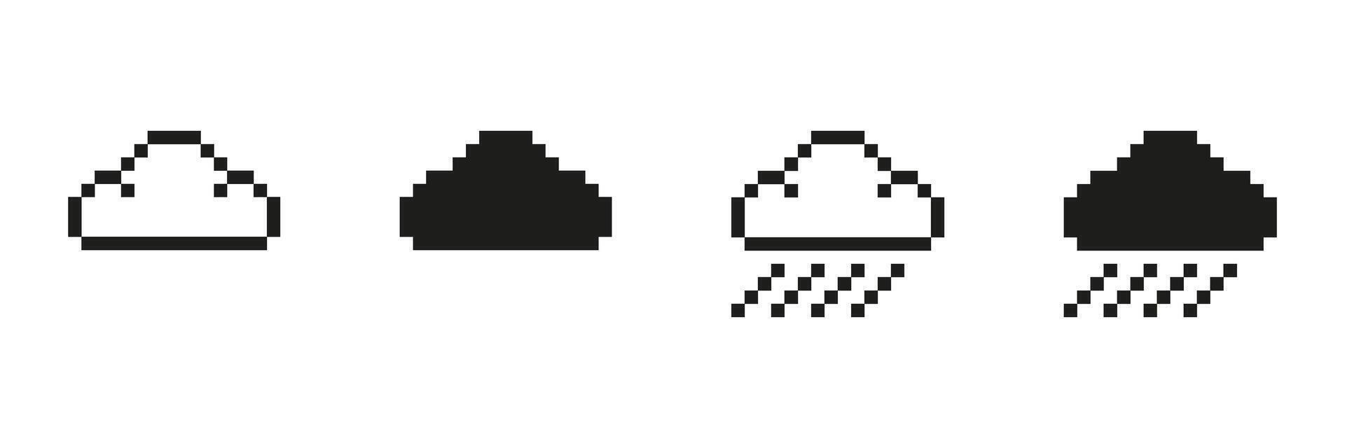 Pixel Art Cloud And Rain Icon Set. Weather Forecast And Climate Change Pixelated Symbol Collection. Minimalist Black And White Design For Meteorology Applications. Isolated Illustration vector