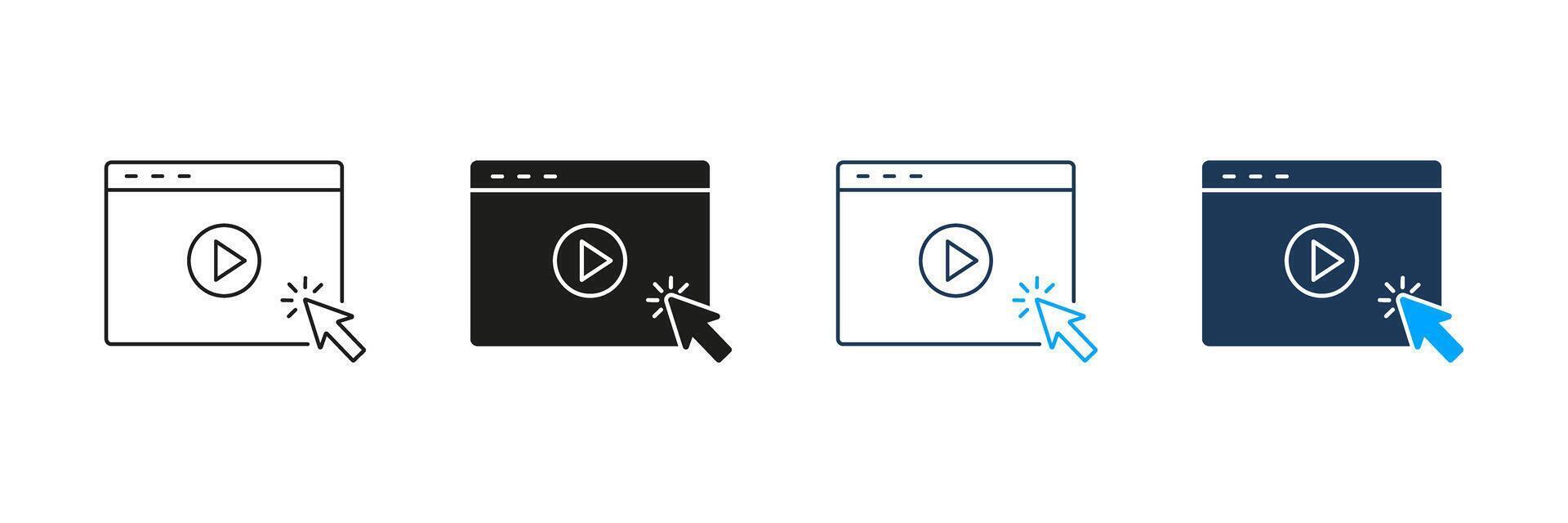 Player Interface With Cursor Click Line And Solid Icon Set. Online Media Playback And User Interaction Symbol Collection. Web Navigation And Streaming Concept. Isolated Illustration vector