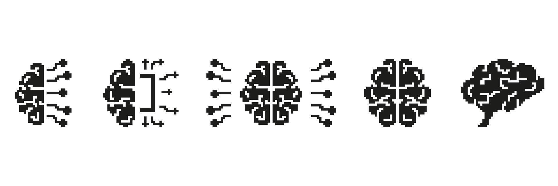 Pixel Art Brain And Neural Network Icon Set. Artificial Intelligence And Machine Learning Concept. Digital Brainstorming And Cognitive Computing Symbols. Isolated Illustration vector
