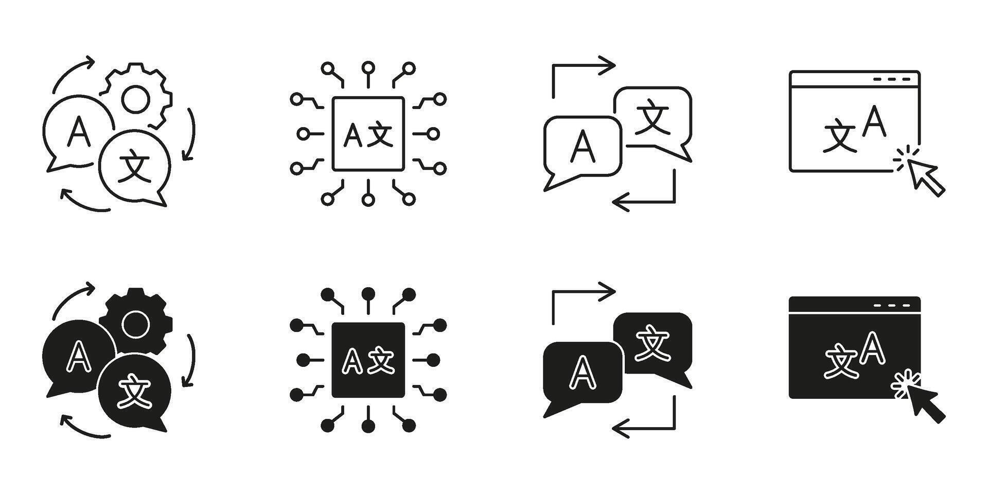 Language Translation And Localization Line And Solid Icon Set. Multilingual Communication, Ai Translation, Globalization Symbol Collection. Isolated Illustration vector