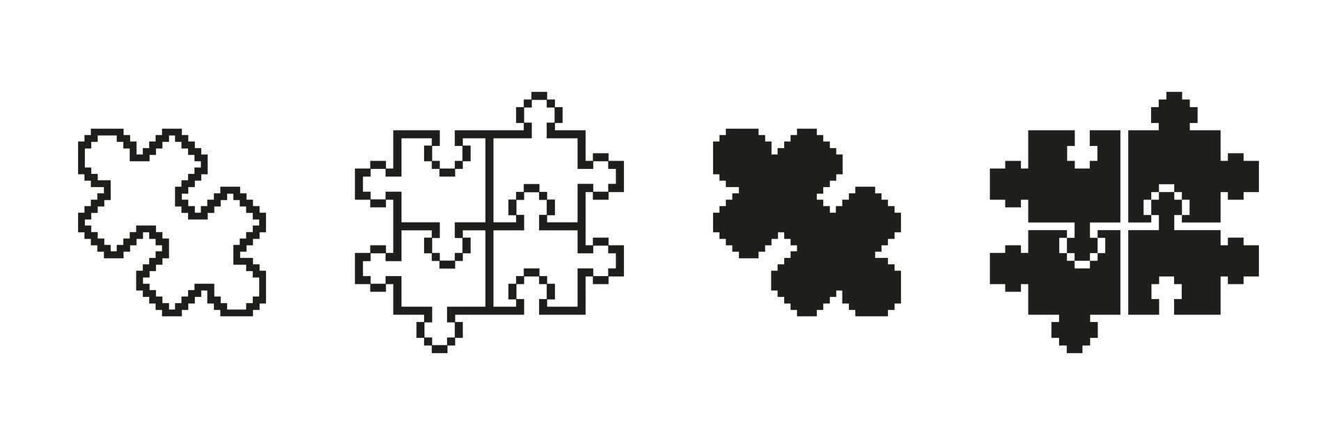 Pixel Art Puzzle Pieces Icon Set. Collaboration And Problem-Solving Symbol Collection. Black And White Jigsaw Elements. Isolated Illustration vector