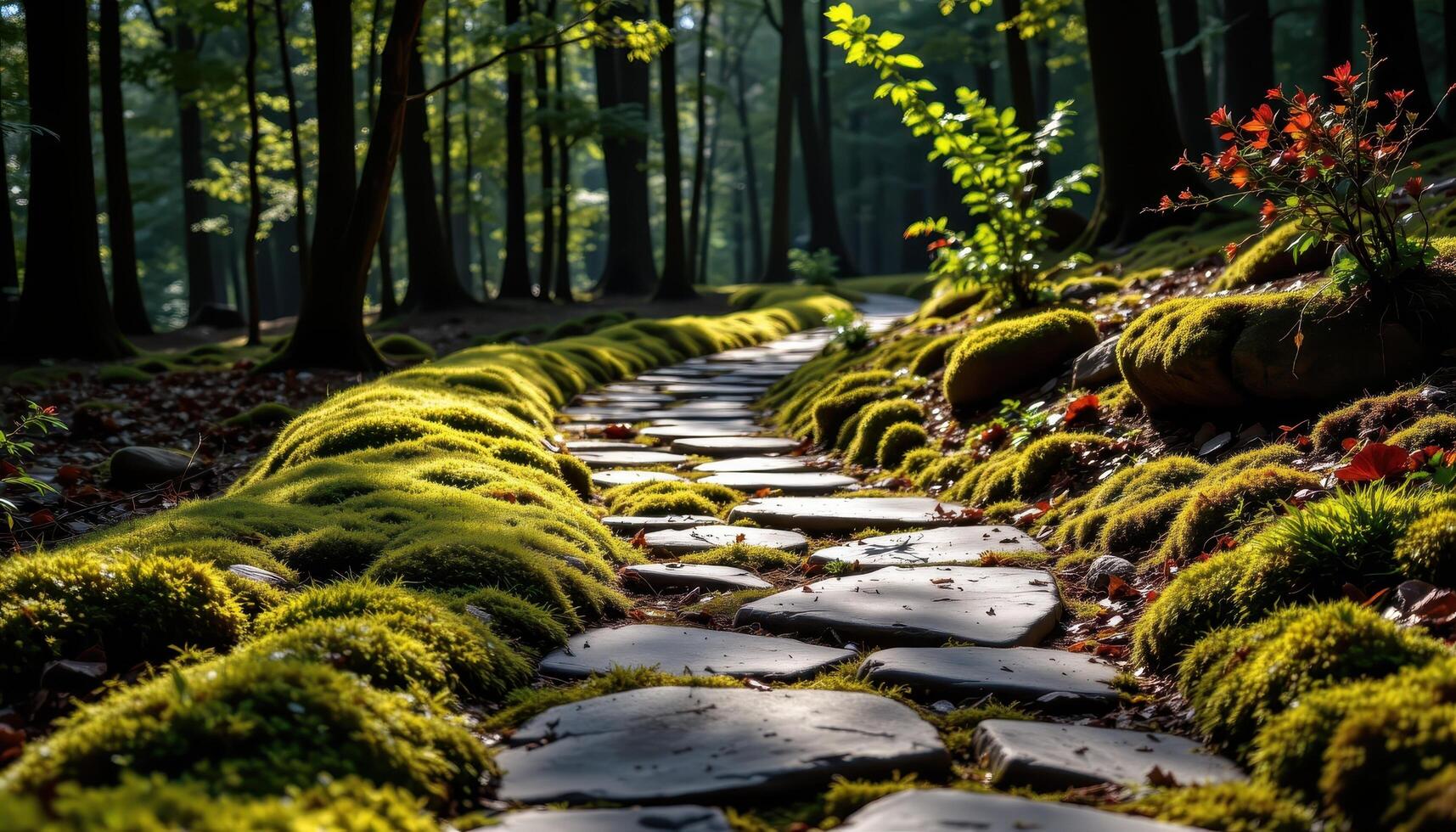stone path blanketed in thick moss curves through quiet forest, sunlight creating subtle dappled patterns on stones fully. photo