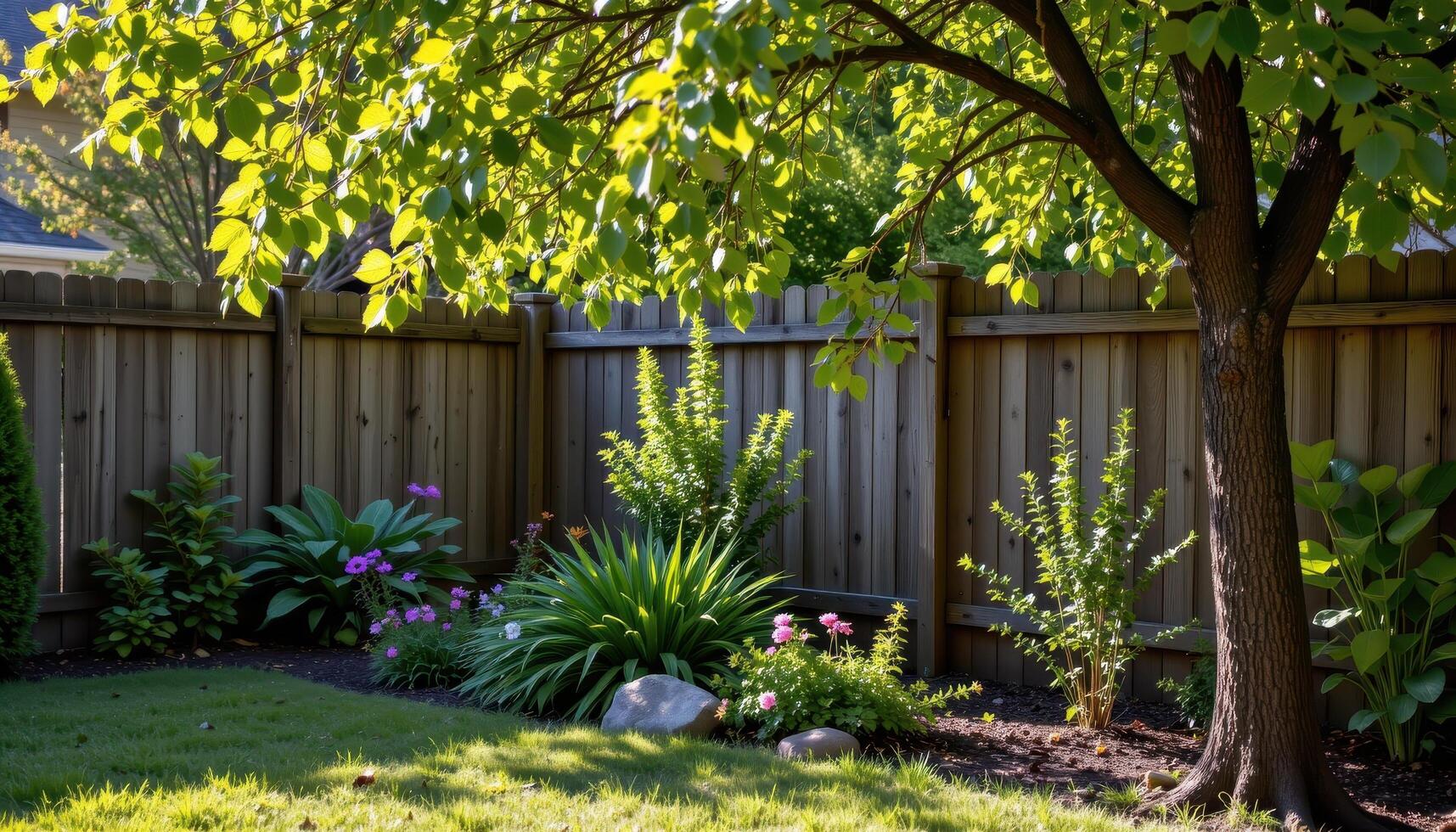 rustic fence along garden with planted trees, sunlight filtering through branches, shadows creating serene calm backyard mood fully. photo